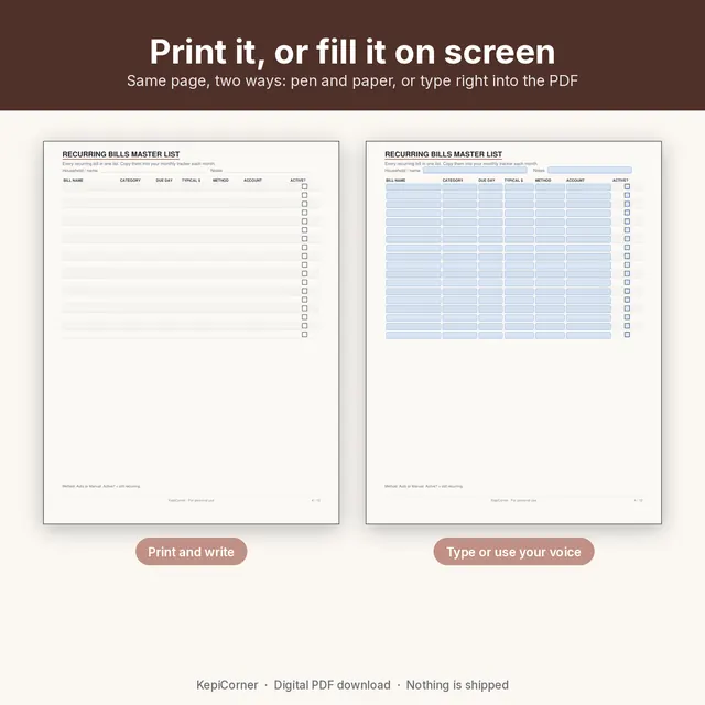 Bill Tracker printable page preview