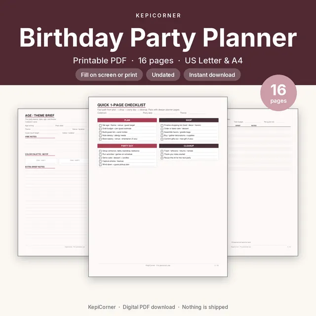 Birthday Party Planner printable PDF cover
