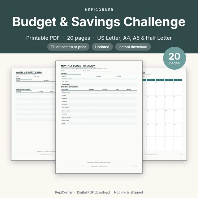 Budget & Savings Challenge printable PDF cover