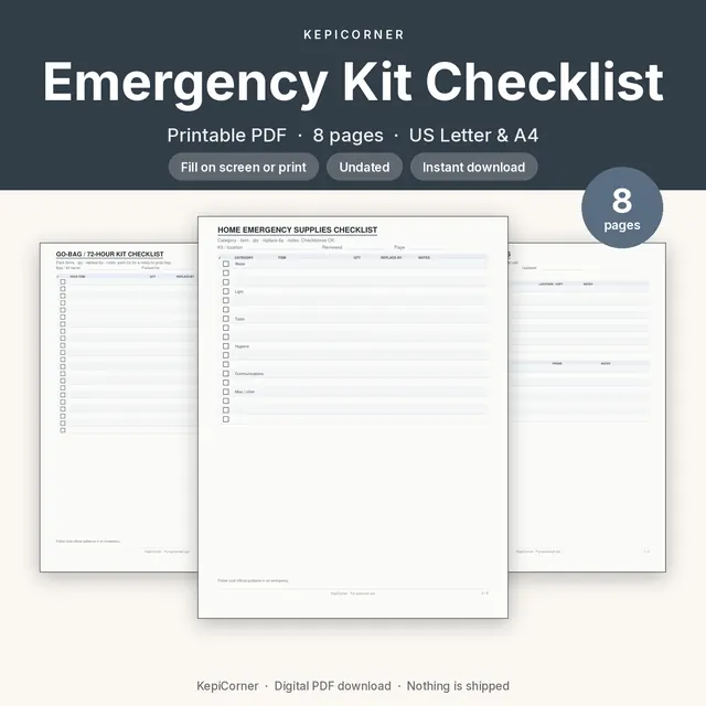 Emergency Kit Checklist printable PDF cover