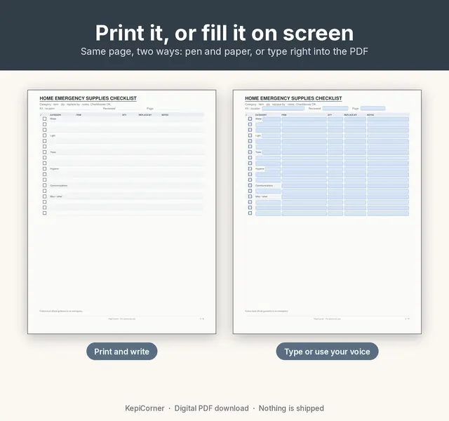 Emergency Kit Checklist printable page preview