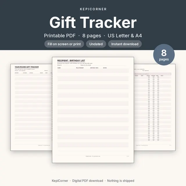 Gift Tracker printable PDF cover