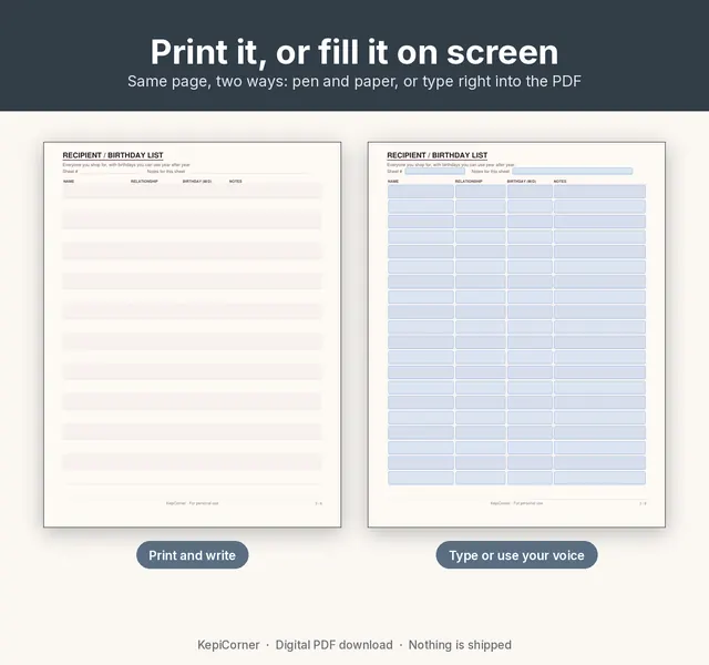 Gift Tracker printable page preview