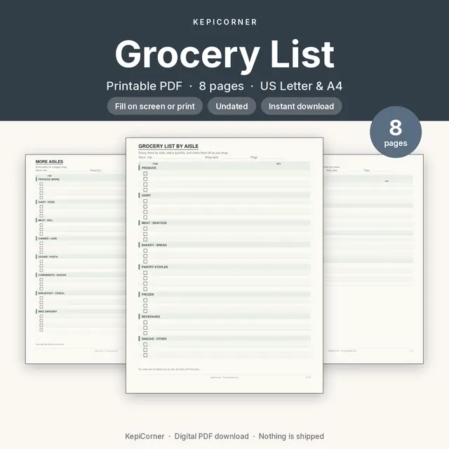 Grocery List printable PDF cover