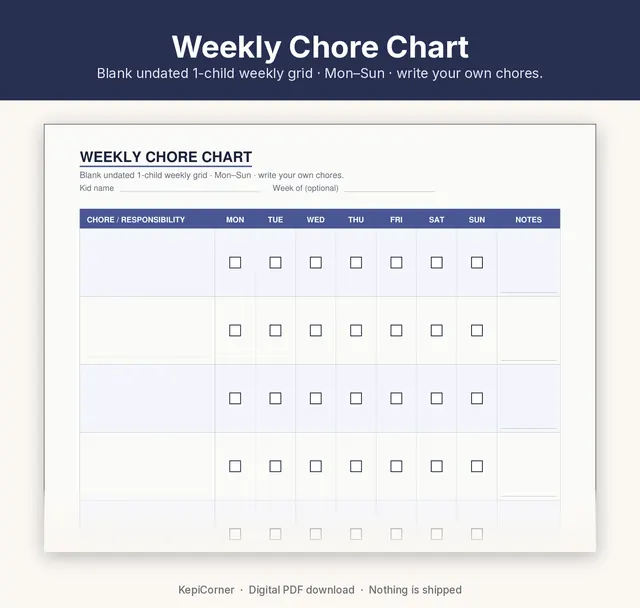 Kids Chore Chart printable page preview
