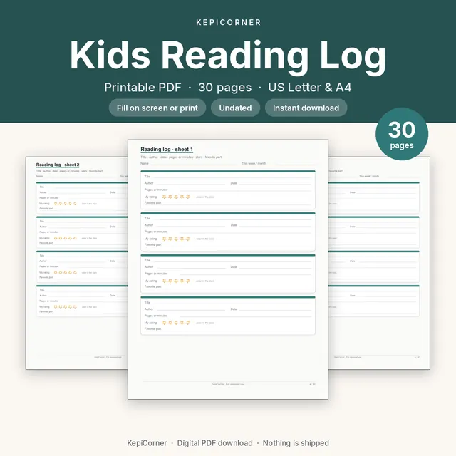 Kids Reading Log printable PDF cover