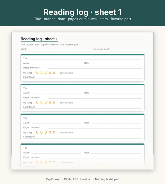 Kids Reading Log printable page preview