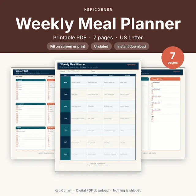 Weekly Meal Planner & Grocery List printable PDF cover