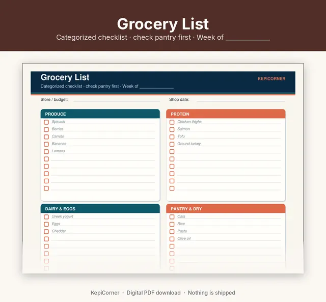 Weekly Meal Planner & Grocery List printable page preview