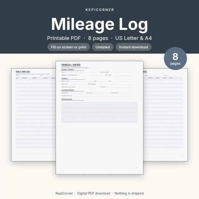 Mileage Log printable PDF cover