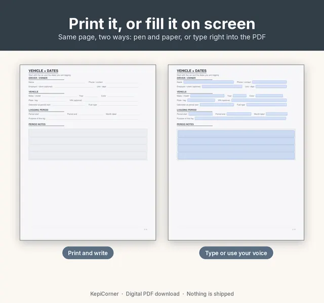 Mileage Log printable page preview