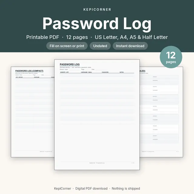 Password Log printable PDF cover