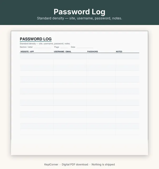 Password Log printable page preview