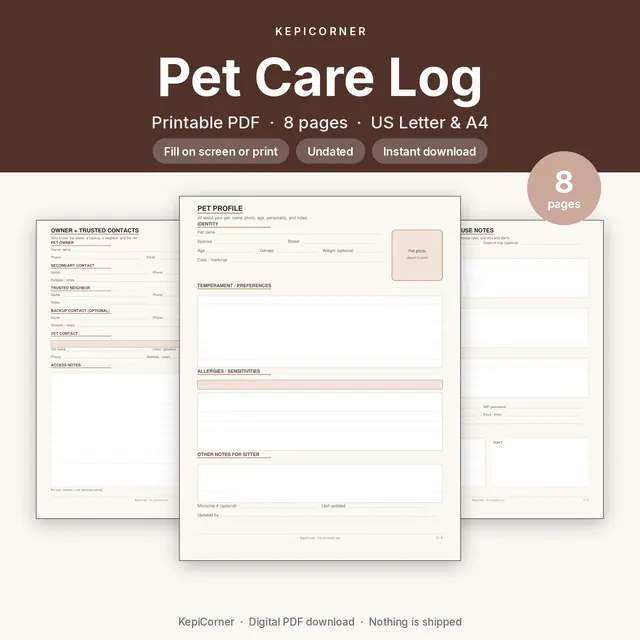 Pet Sitter Info Sheet & Care Log printable PDF cover
