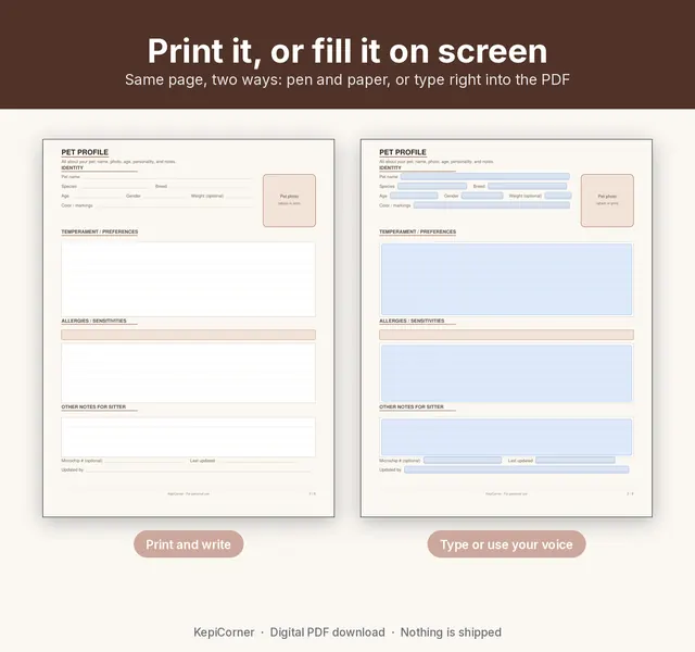 Pet Sitter Info Sheet & Care Log printable page preview