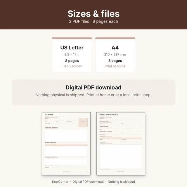 Pet Sitter Info Sheet & Care Log printable – size file matrix (image 9 of 10)