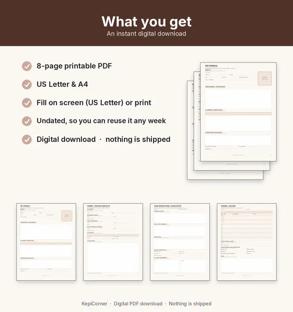 Pet Sitter Info Sheet & Care Log printable – what you receive (image 10 of 10)