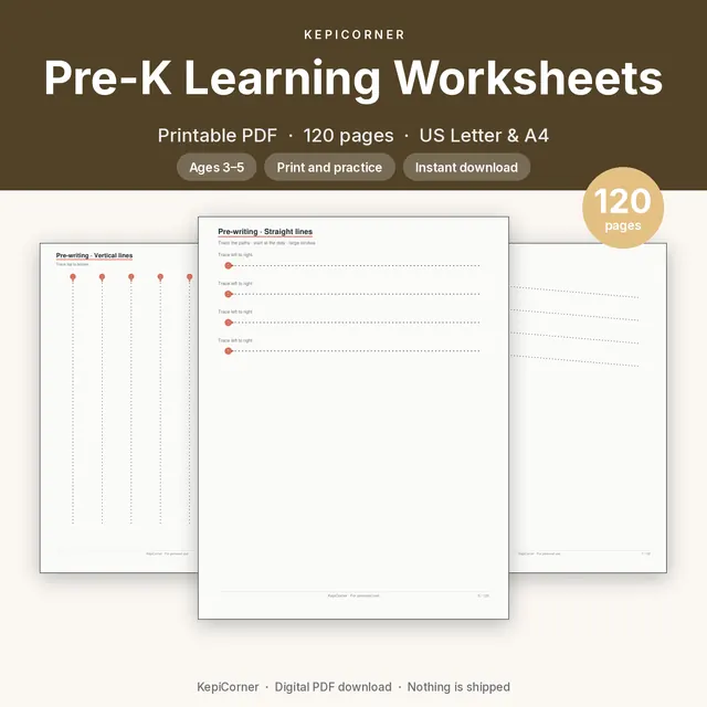 Pre-K Worksheets Ages 3–5 printable PDF cover