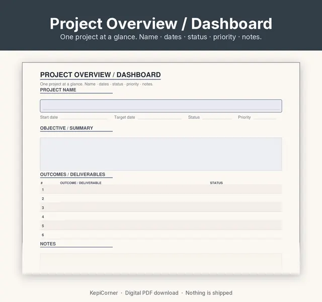 Project Tracker printable – overview dashboard closeup (image 5 of 10)
