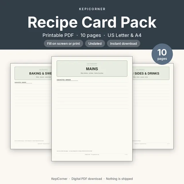 Recipe Binder Pages printable PDF cover