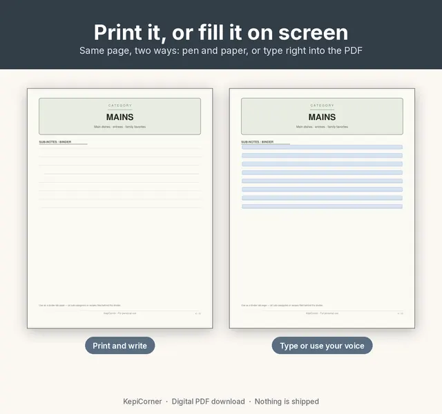 Recipe Binder Pages printable page preview