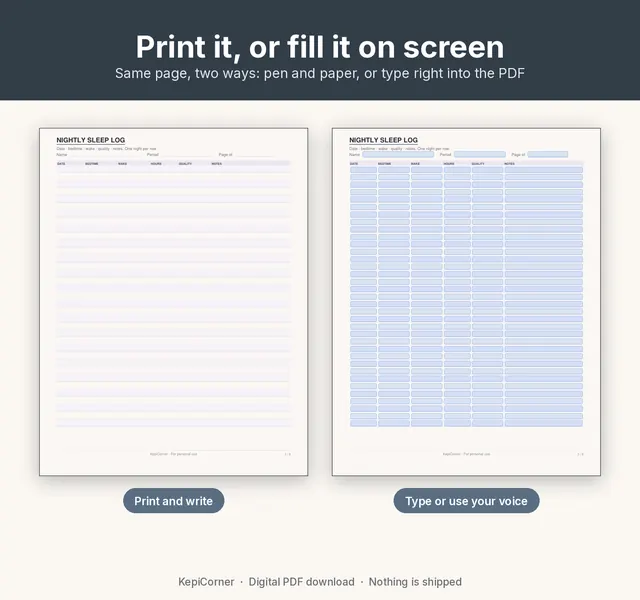Sleep Log printable page preview