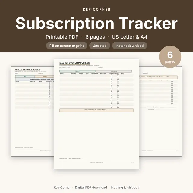 Subscription Tracker printable PDF cover