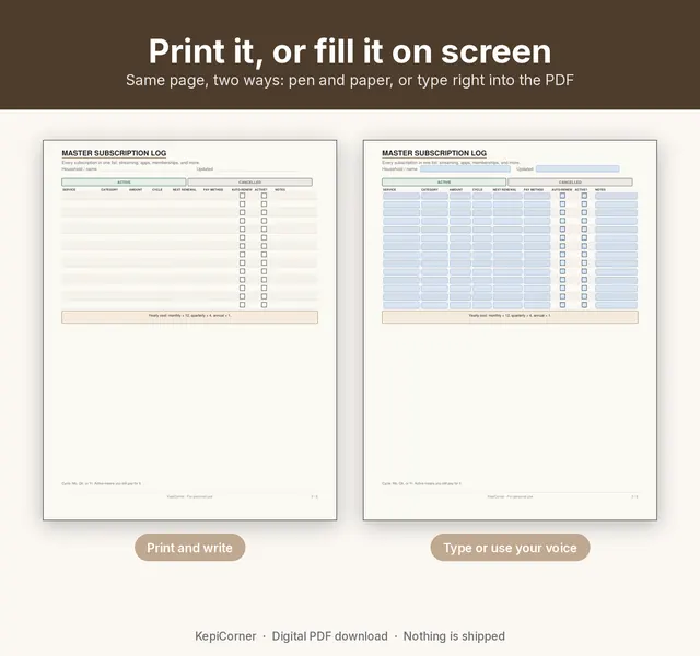 Subscription Tracker printable page preview