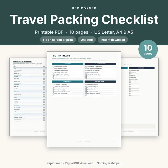 Travel Packing Checklist printable PDF cover
