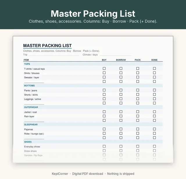 Travel Packing Checklist printable page preview