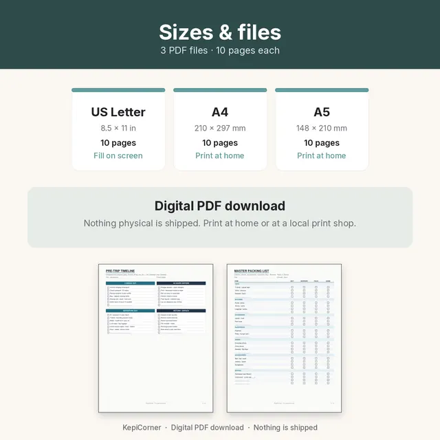 Travel Packing Checklist printable – size file matrix (image 8 of 9)