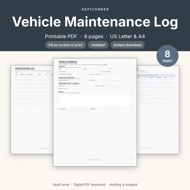 Vehicle Maintenance Log printable PDF cover