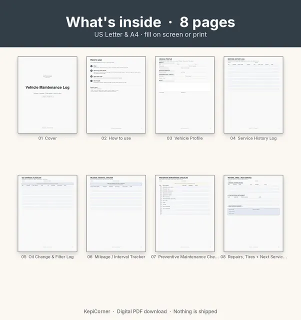 Vehicle Maintenance Log printable – page map collage (image 3 of 10)