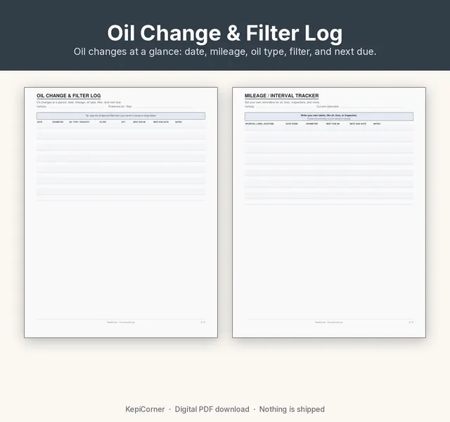 Vehicle Maintenance Log printable – oil mileage (image 7 of 10)