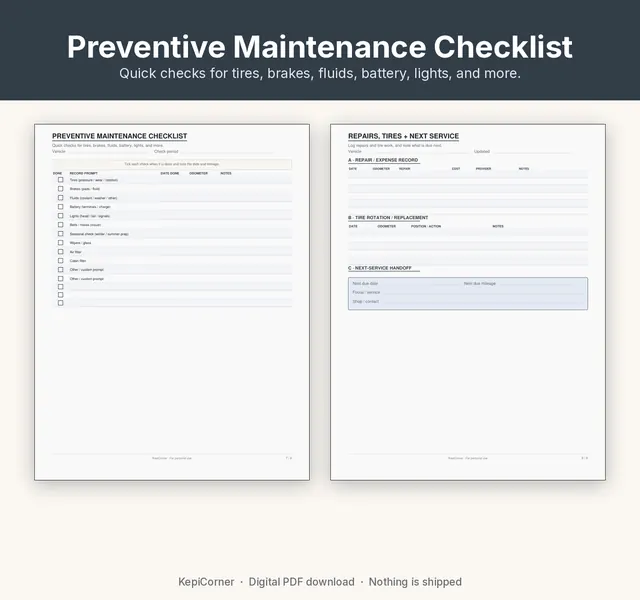 Vehicle Maintenance Log printable – checklist repair (image 8 of 10)
