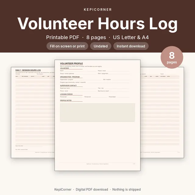 Volunteer Hours Log printable PDF cover