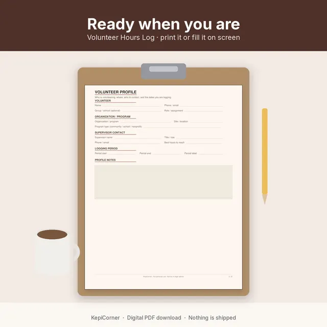 Volunteer Hours Log printable – lifestyle clipboard desk (image 2 of 10)
