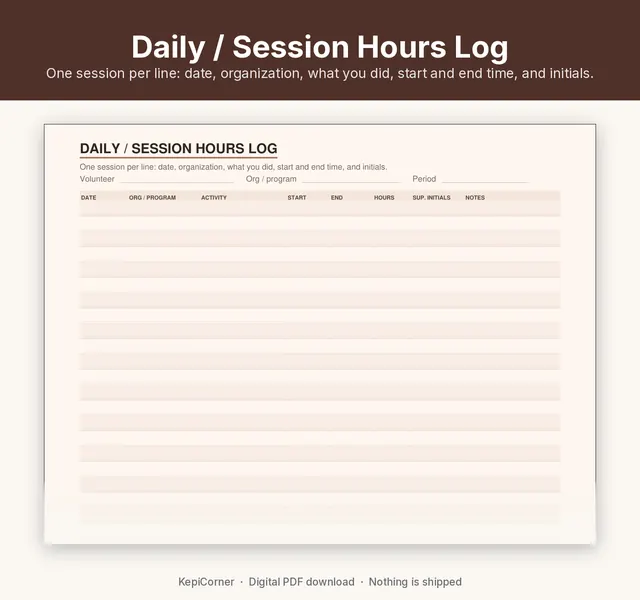 Volunteer Hours Log printable – session hours closeup (image 5 of 10)
