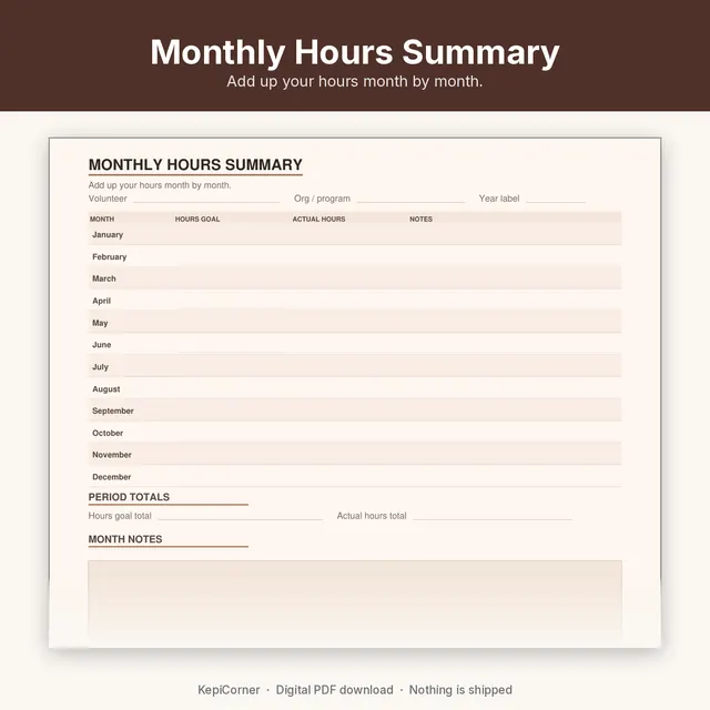Volunteer Hours Log printable – monthly summary (image 7 of 10)