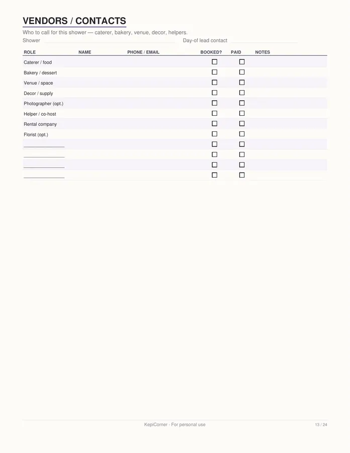 Baby Shower Planner printable – page 13 of 24, rendered from Baby-Shower-Planner-Letter.pdf