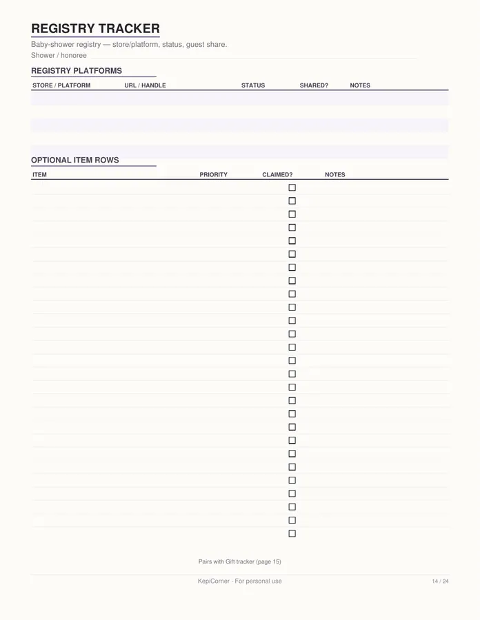 Baby Shower Planner printable – page 14 of 24, rendered from Baby-Shower-Planner-Letter.pdf
