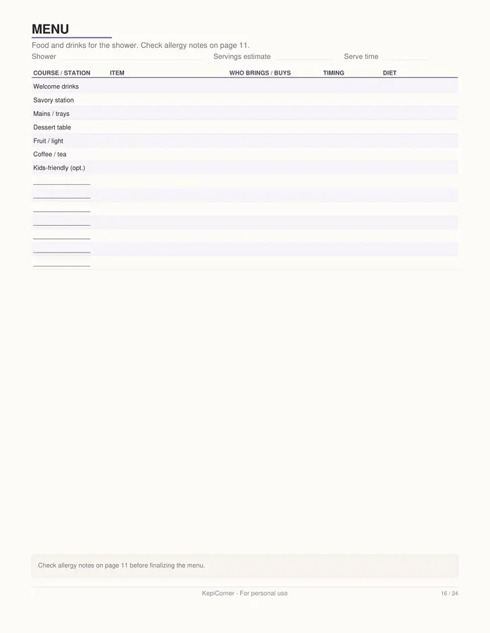 Baby Shower Planner printable – page 16 of 24, rendered from Baby-Shower-Planner-Letter.pdf