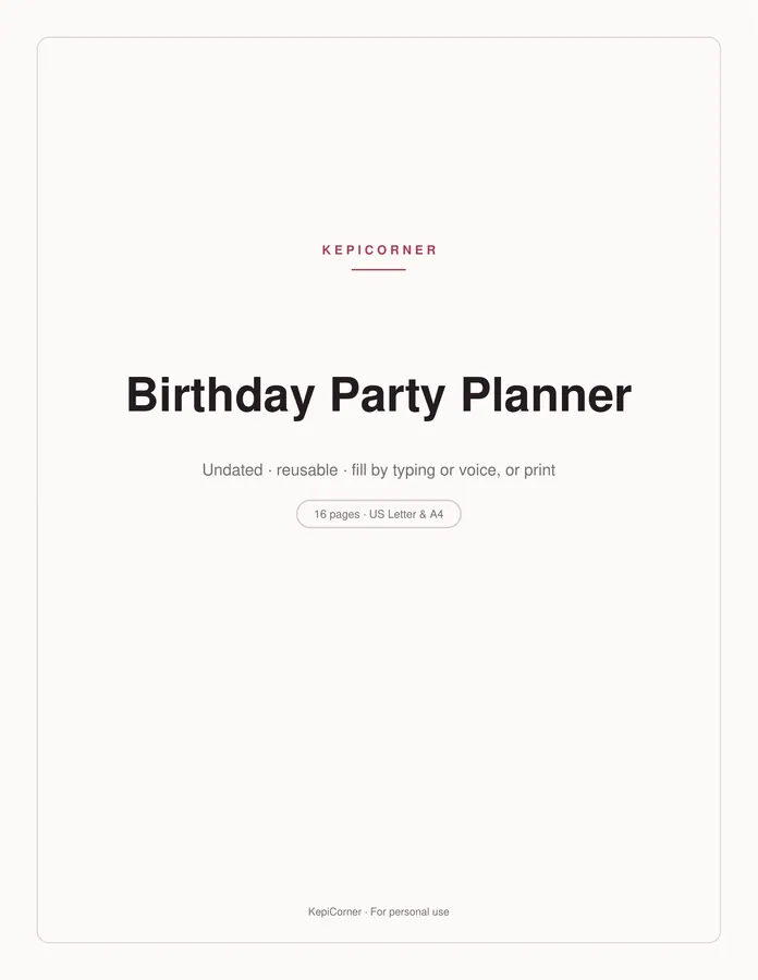 Birthday Party Planner printable – page 1 of 16, rendered from Birthday-Party-Planner-Letter.pdf