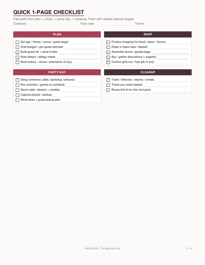 Birthday Party Planner printable – page 3 of 16, rendered from Birthday-Party-Planner-Letter.pdf