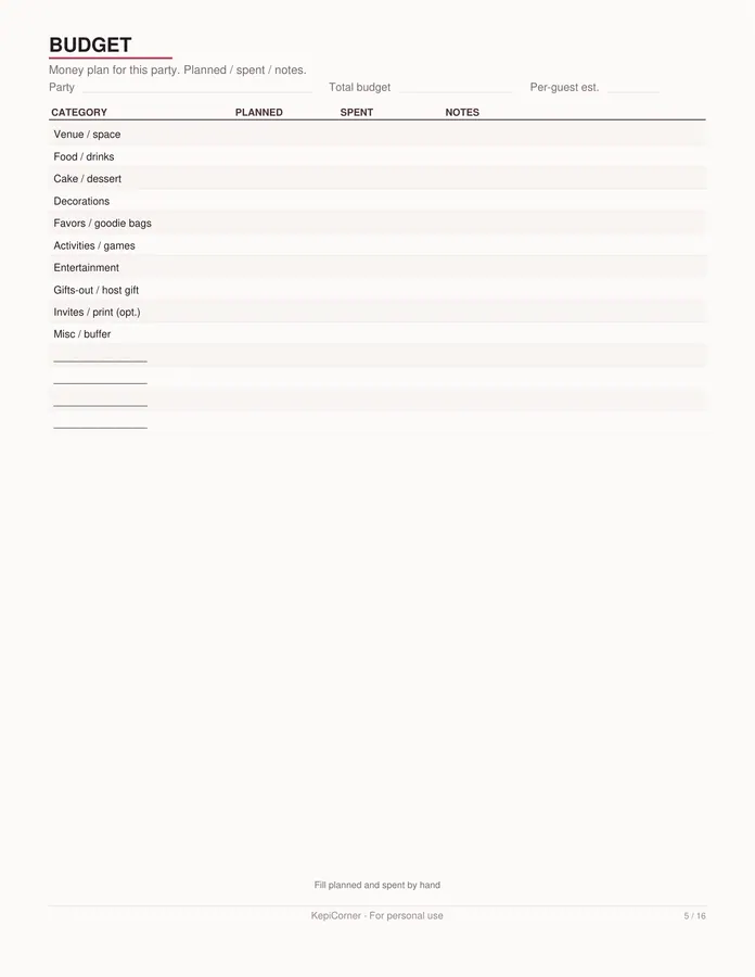 Birthday Party Planner printable – page 5 of 16, rendered from Birthday-Party-Planner-Letter.pdf