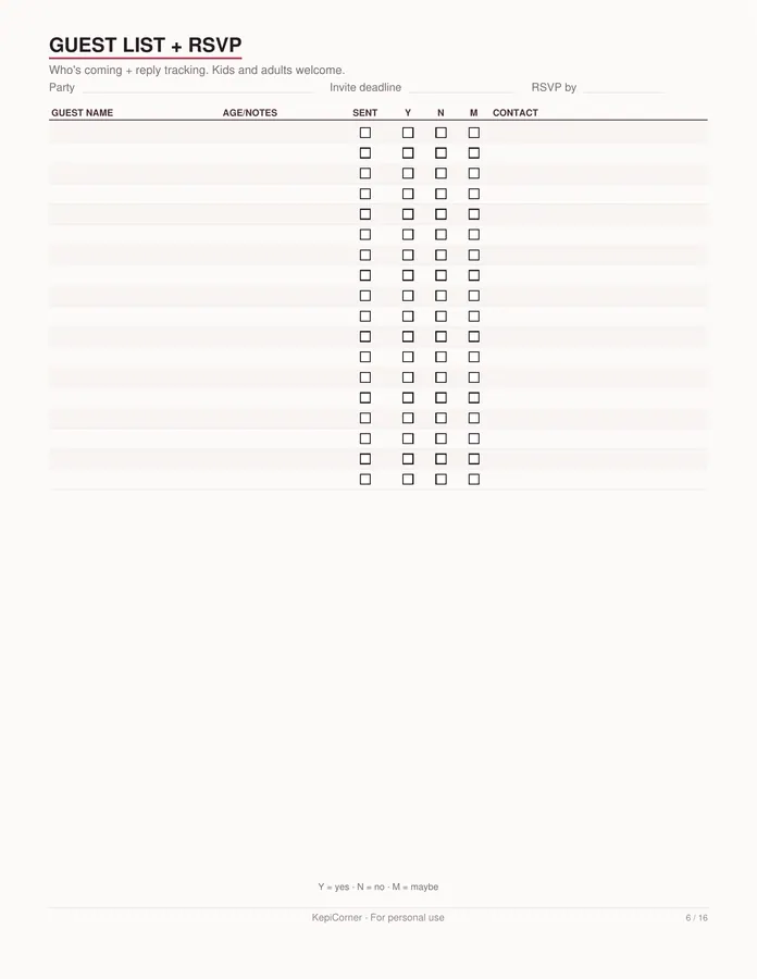 Birthday Party Planner printable – page 6 of 16, rendered from Birthday-Party-Planner-Letter.pdf