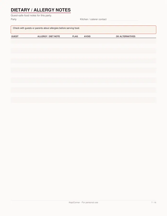 Birthday Party Planner printable – page 7 of 16, rendered from Birthday-Party-Planner-Letter.pdf