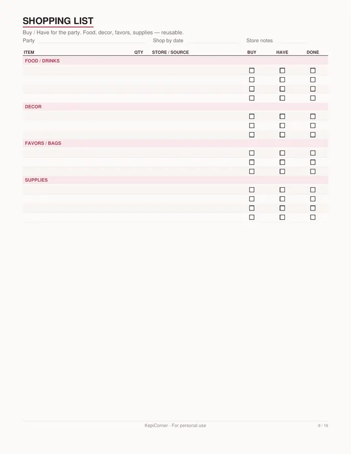 Birthday Party Planner printable – page 9 of 16, rendered from Birthday-Party-Planner-Letter.pdf