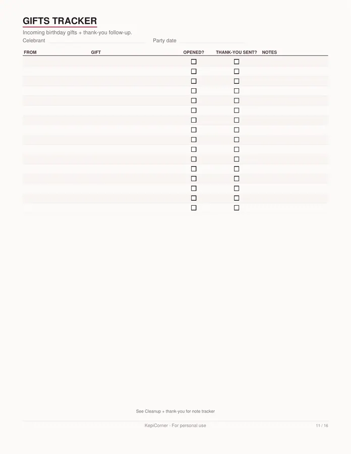 Birthday Party Planner printable – page 11 of 16, rendered from Birthday-Party-Planner-Letter.pdf