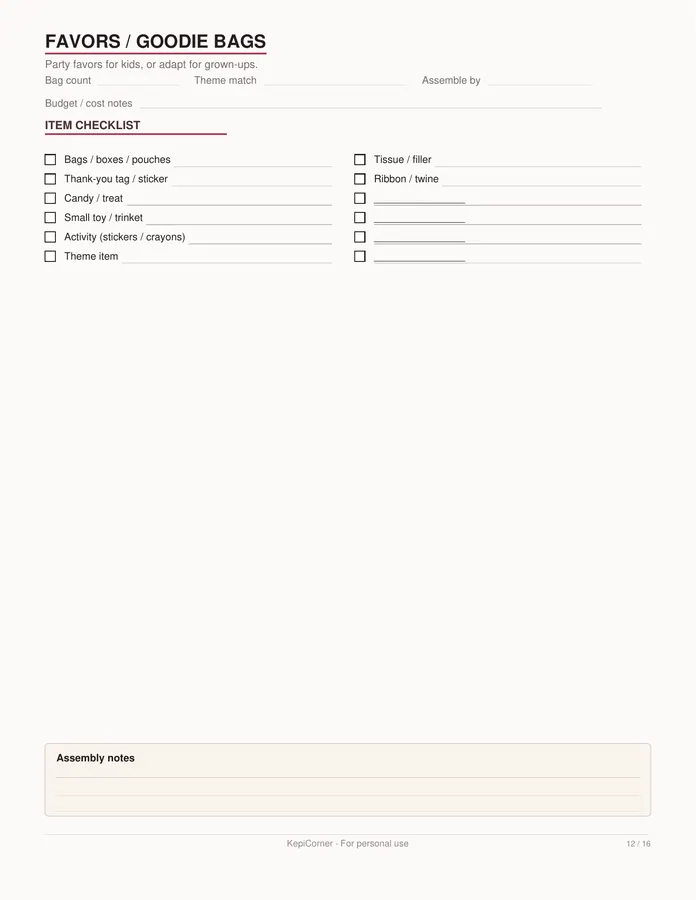 Birthday Party Planner printable – page 12 of 16, rendered from Birthday-Party-Planner-Letter.pdf